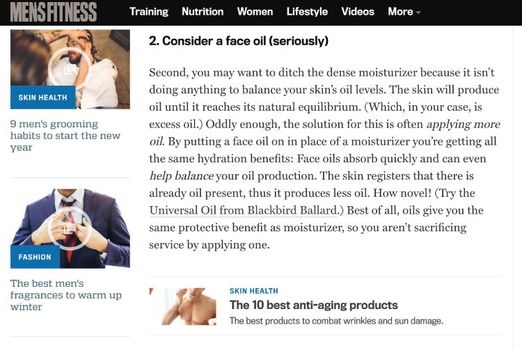 Men's Fitness suggests Blackbird Face Oil to combat oily skin
